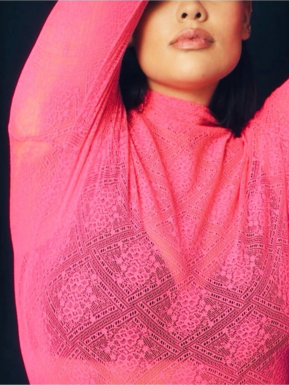 Anthropologie Women's Hot Pink Lace Long-Sleeve Top